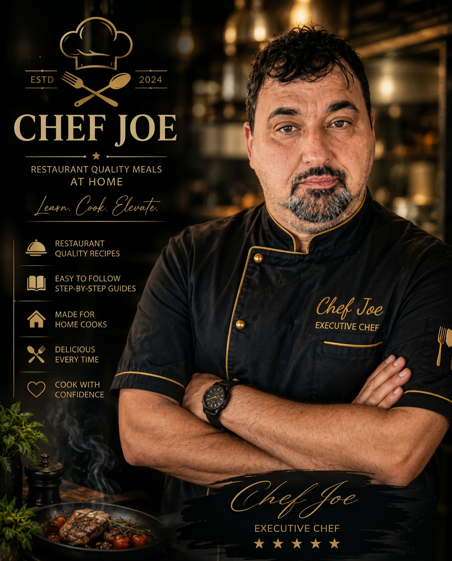 Chef Joe Fernandes in his black and gold chef jacket